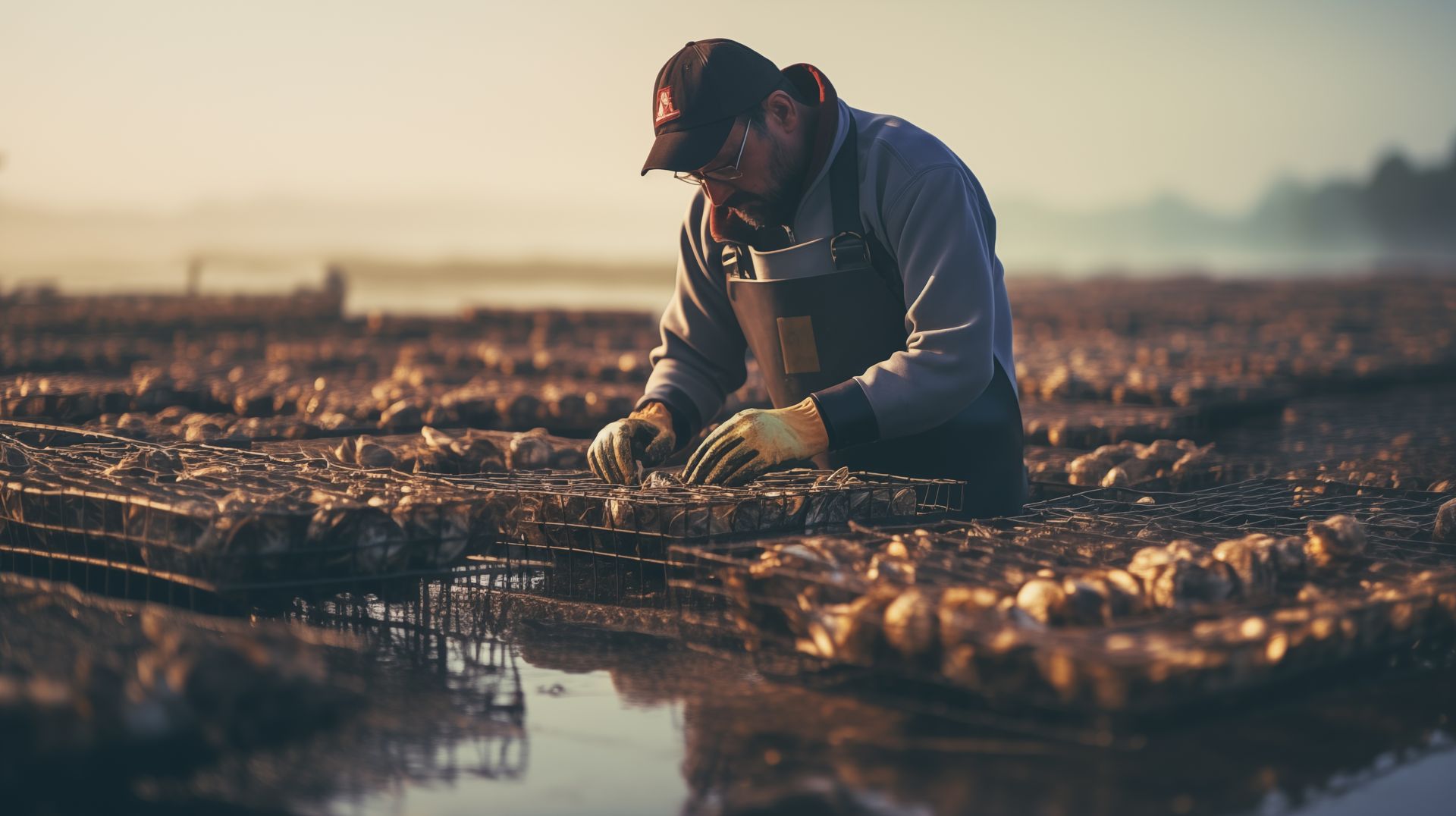 Oyster farm work on racks in the water